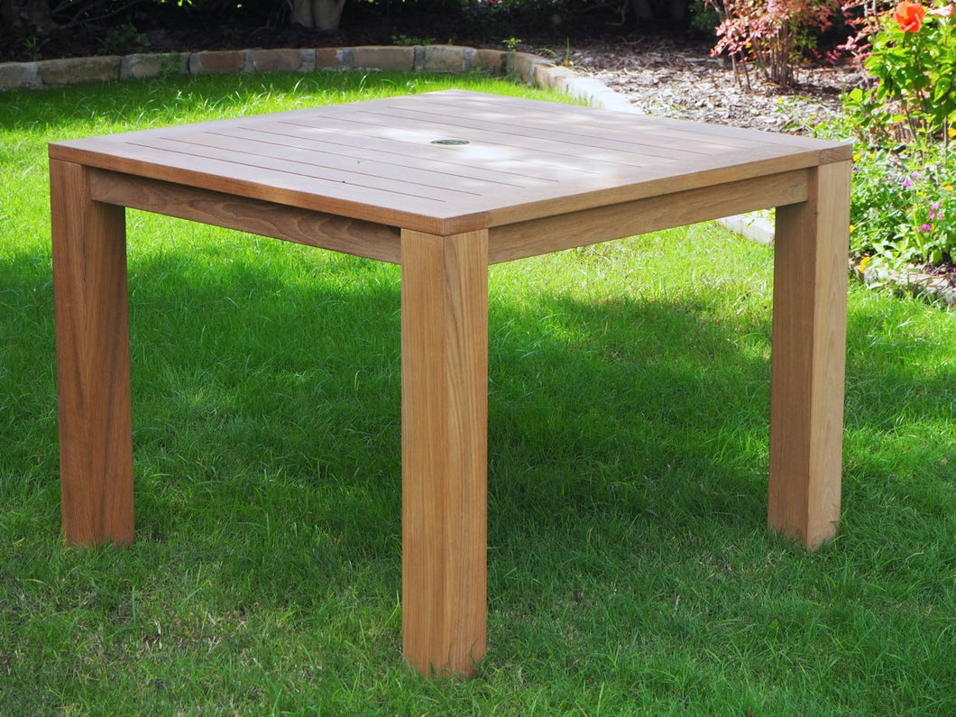 Teak outdoor furniture. This forty inch square table is larger than most on the market and comfortably seats four.